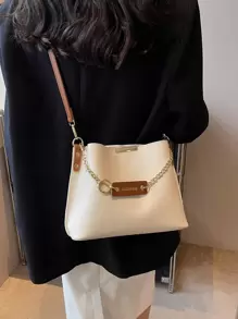 中等水桶包字母圖案鏈條裝飾時尚 - 米色 - 查看 4