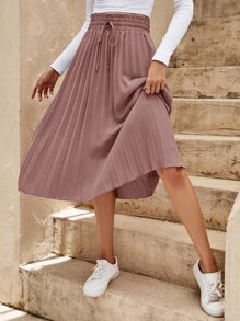 SHEIN Clasi 腰部抽繩百褶半身裙 - 藕粉色 - 查看 6