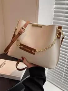 中等水桶包字母圖案鏈條裝飾時尚 - 米色 - 查看 7