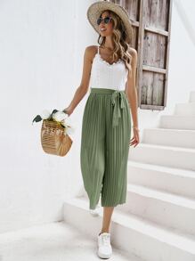 SHEIN Frenchy 素色腰帶百褶闊腿連體褲 - 綠色 - 查看 5