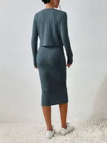 SHEIN Frenchy Solid Button Front Tee & Bodycon Dress Winter - Navy Blue - View 2