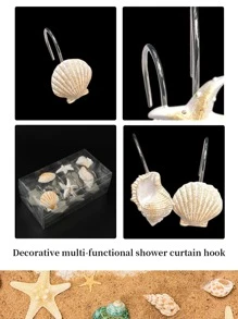 12pcs/Set White & Khaki Shell Shaped Shower Curtain Hooks, Fashionable New Resin Shell & Starfish Design Multi-Purpose Bathroom & Kitchen Hooks, Suitable For Daily Use, Home Decor, Holiday Gifts - Yellow - View 7