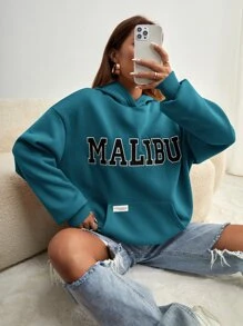 SHEIN EZwear Áo hoodie trễ vai in chữ in họa tiết túi cho mùa thu/đông - Màu xanh lam - Xem 1