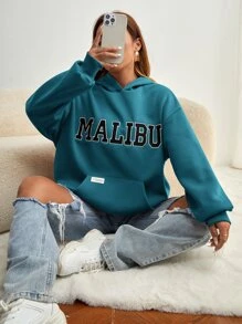 SHEIN EZwear Áo hoodie trễ vai in chữ in họa tiết túi cho mùa thu/đông - Màu xanh lam - Xem 4