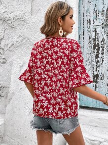 SHEIN VCAY 印花荷葉袖襯衫 - 紅白色 - 查看 2