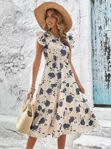 SHEIN VCAY Vestido con estampado floral bajo con fruncido - Albaricoque - Ver 1