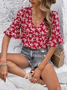 SHEIN VCAY 印花荷葉袖襯衫 - 紅白色 - 查看 3