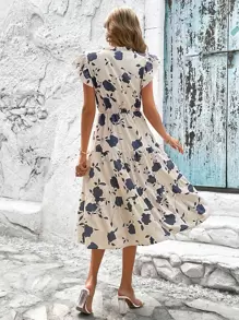 SHEIN VCAY Vestido con estampado floral bajo con fruncido - Albaricoque - Ver 2
