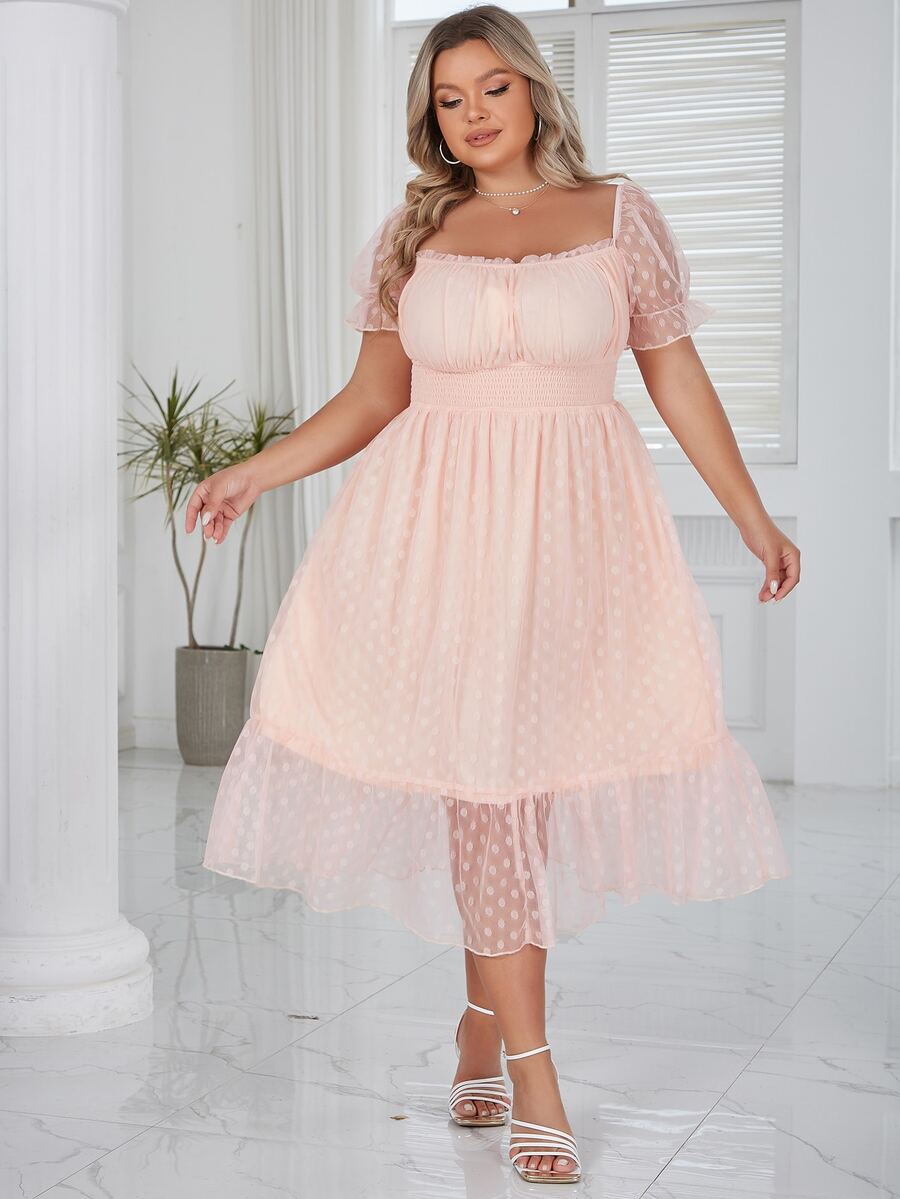 Eilly Bazar Plus Dobby Mesh Overlay Ruffle Hem Dress - Baby Pink - View 1