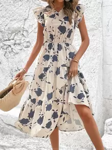 SHEIN VCAY Vestido con estampado floral bajo con fruncido - Albaricoque - Ver 4