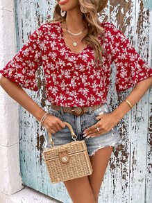 SHEIN VCAY 印花荷葉袖襯衫 - 紅白色 - 查看 5