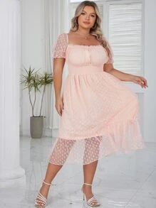 Eilly Bazar Plus Dobby Mesh Overlay Ruffle Hem Dress - Baby Pink - View 3