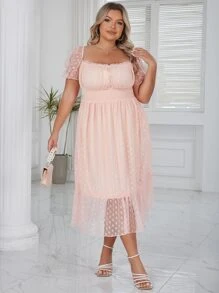 Eilly Bazar Plus Dobby Mesh Overlay Ruffle Hem Dress - Baby Pink - View 5