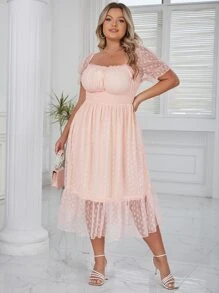 Eilly Bazar Plus Dobby Mesh Overlay Ruffle Hem Dress - Baby Pink - View 6