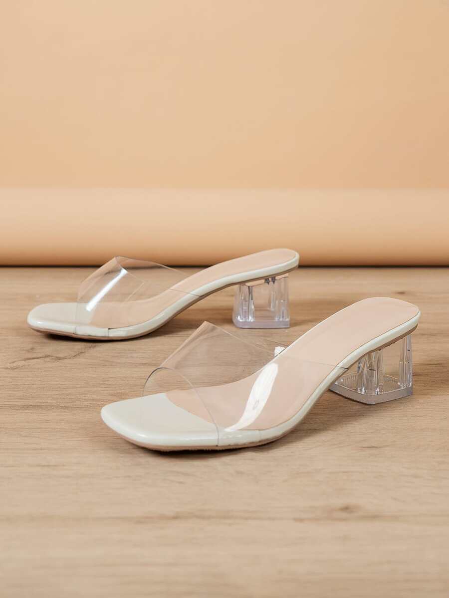 音乐节派对春夏黑白绿时尚百搭圆头水晶粗跟系列设计高跟凉鞋 - 無色 - 查看 1