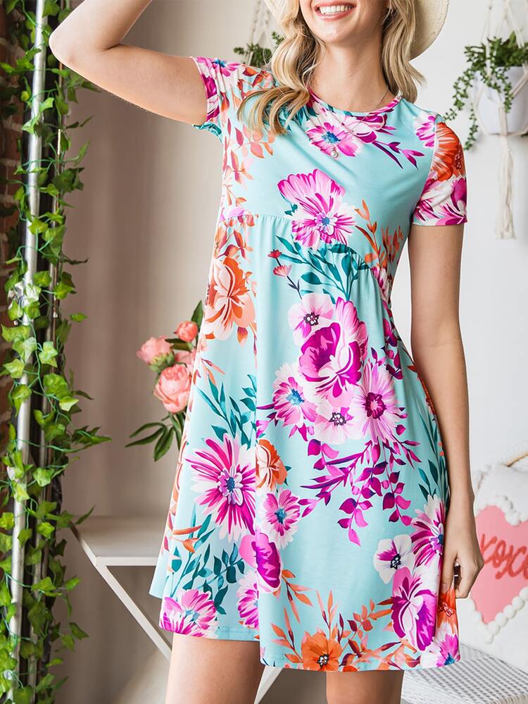 CILKOO Floral Print Smock Dress - Blue - View 1