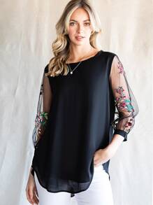 花卉刺繡網紗袖襯衫 - 黑色 - 查看 1