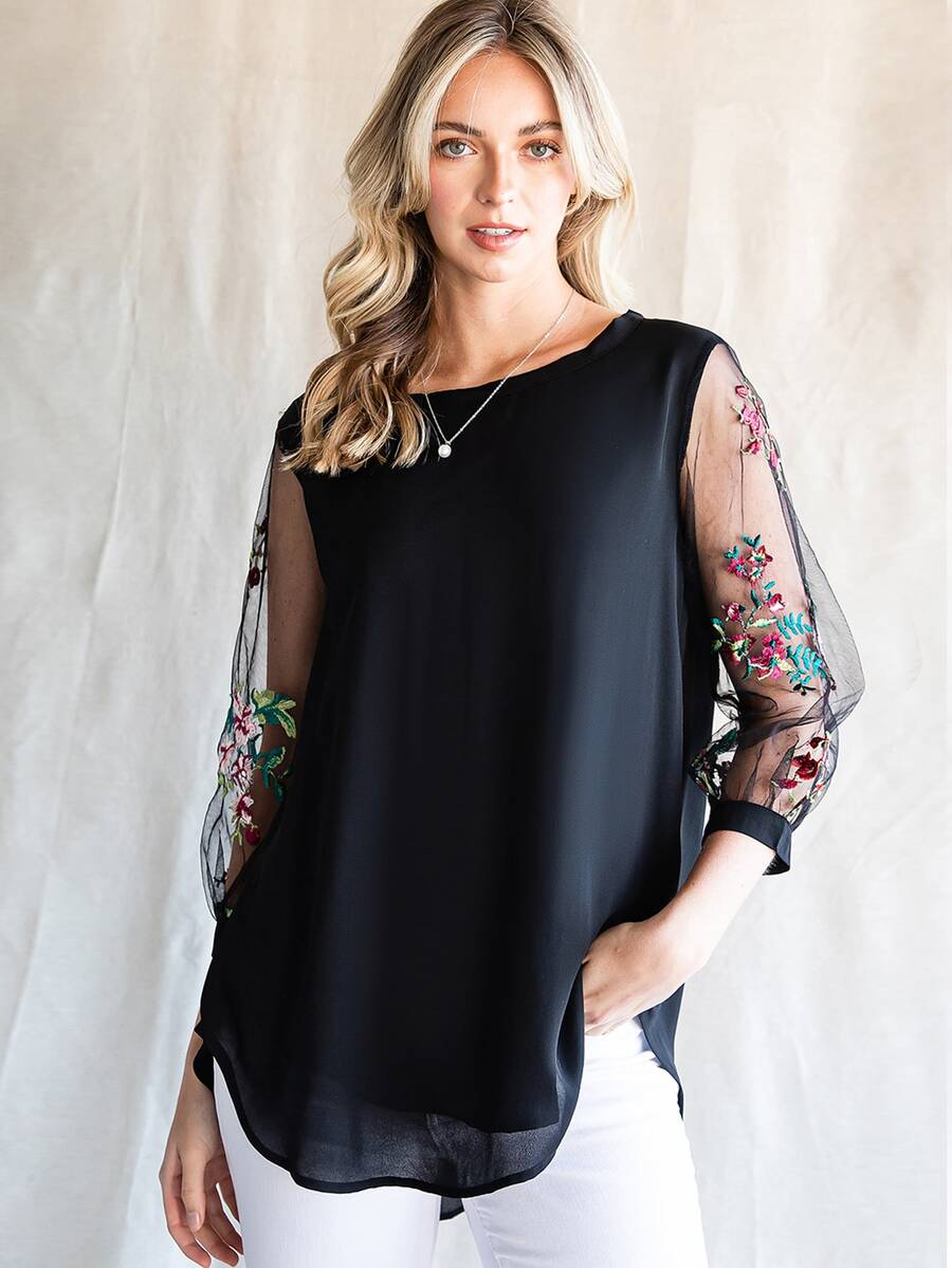花卉刺繡網紗袖襯衫 - 黑色 - 查看 1