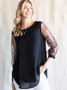 花卉刺繡網紗袖襯衫 - 黑色 - 查看 4