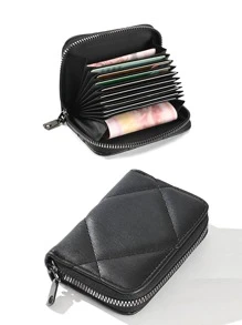 Pu卡夾絎縫拉鍊多卡卡收納盒可存放信用卡 - 黑色 - 查看 2