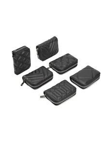 Pu卡夾絎縫拉鍊多卡卡收納盒可存放信用卡 - 黑色 - 查看 1