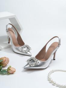 Glamorous Silver Slingback Pumps For Women, Rhinestone Decor Point Toe Stiletto Heeled Pumps Valentines