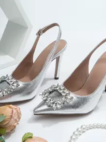 Glamorous Silver Slingback Pumps For Women, Rhinestone Decor Point Toe Stiletto Heeled Pumps Valentines