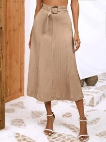 SHEIN LUNE Solid Belted Pleated Skirt - Khaki - View 1
