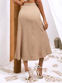 SHEIN LUNE Solid Belted Pleated Skirt - Khaki - View 2