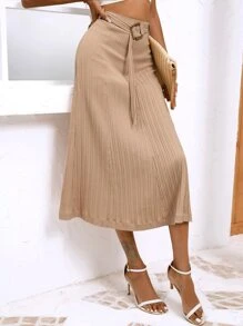 SHEIN LUNE Solid Belted Pleated Skirt - Khaki - View 5