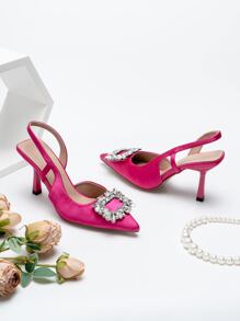 Giày cao gót Nữ Pha lê kim cương màu trơn dép quai hậu Hấp dẫn - Màu Hồng Tươi - Xem 1
