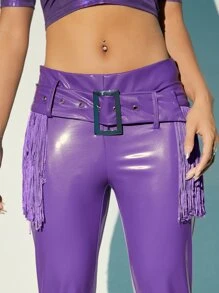 SHEIN ICON 流苏边开衩下摆系带 PU 皮裤 - 紫羅蘭色 - 查看 3