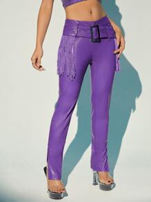 SHEIN ICON 流苏边开衩下摆系带 PU 皮裤 - 紫羅蘭色 - 查看 5