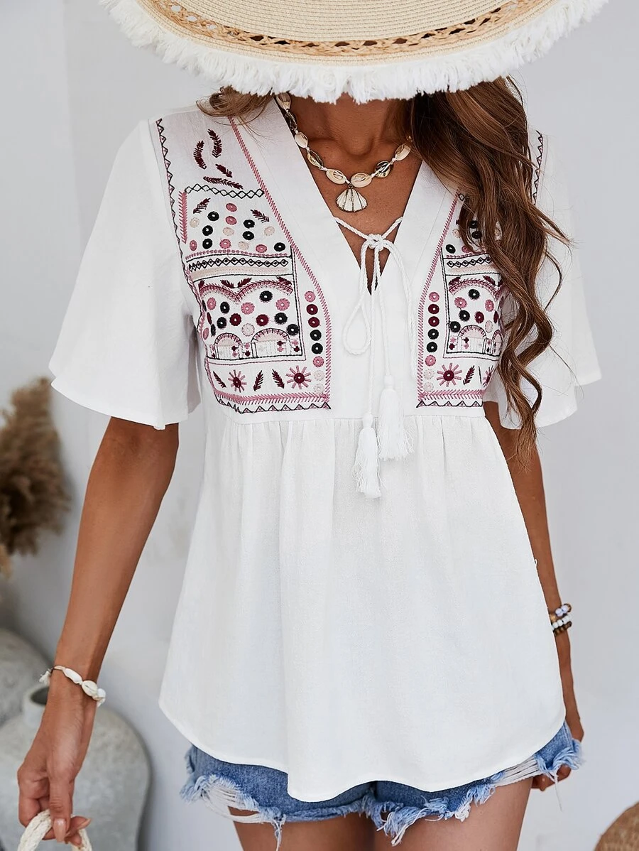 SHEIN VCAY Áo sơ mi nữ Thêu mép Thắt nơ trước Hình học Boho - trắng - Xem 1