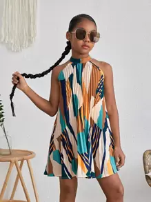 SHEIN Tween Girl Geo Print Halter Neck Pleated Detail Dress