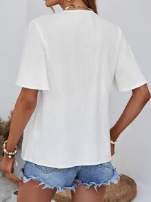 SHEIN VCAY Áo sơ mi nữ Thêu mép Thắt nơ trước Hình học Boho - trắng - Xem 2