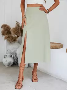 SHEIN 素色高衩半身裙 - 軍綠色 - 查看 1