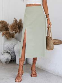 SHEIN 素色高衩半身裙 - 軍綠色 - 查看 3