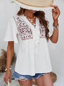SHEIN VCAY Áo sơ mi nữ Thêu mép Thắt nơ trước Hình học Boho - trắng - Xem 5