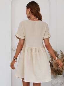 SHEIN VCAY 拼接水溶蕾絲蝙蝠袖娃娃裙 - 米色 - 查看 2