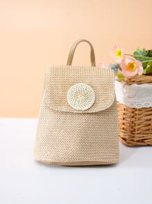 Girls Straw Bag Flower Decor For Beach - Khaki - View 1