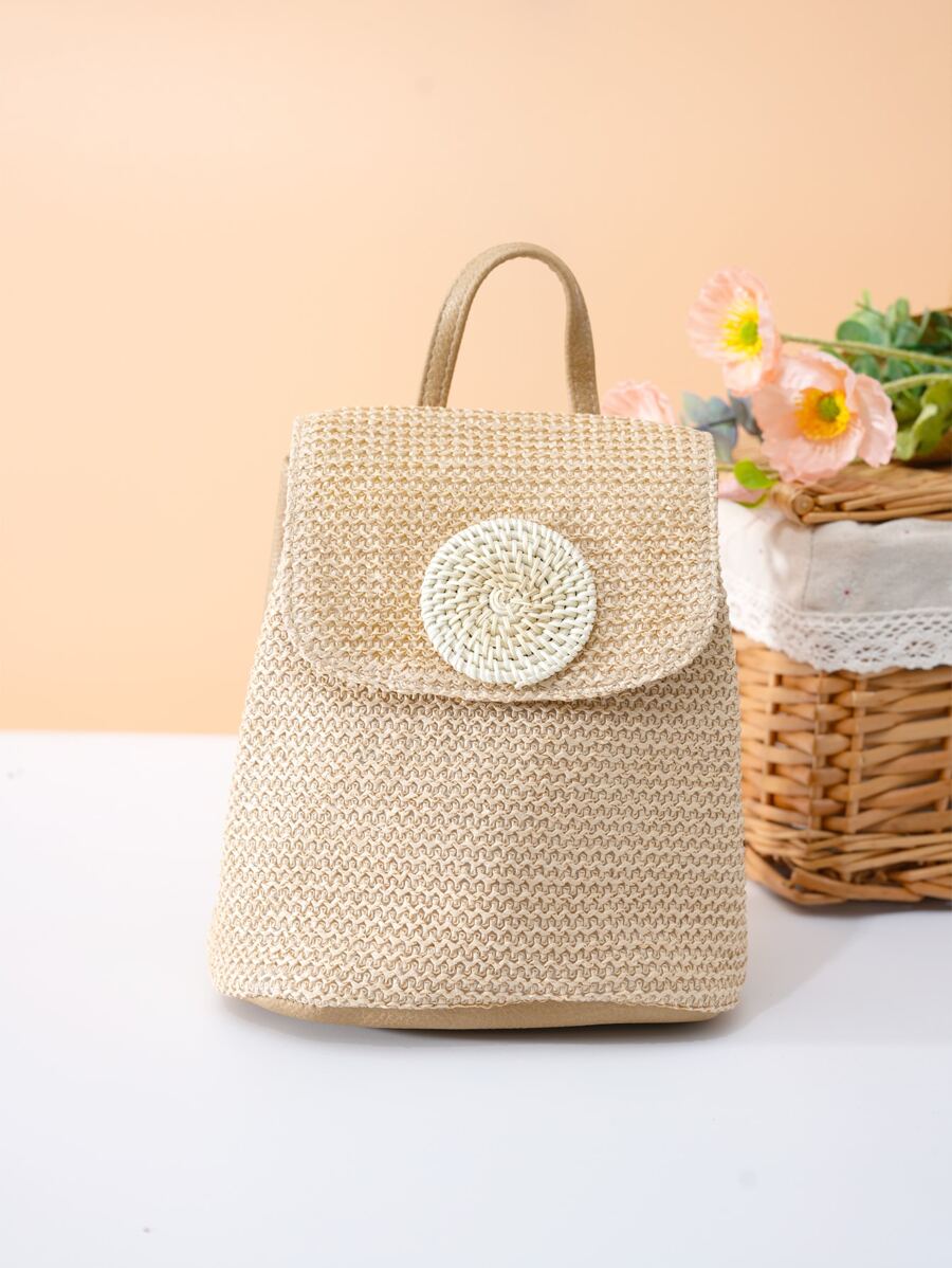 Girls Straw Bag Flower Decor For Beach - Khaki - View 1