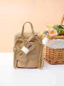 Girls Straw Bag Flower Decor For Beach - Khaki - View 2