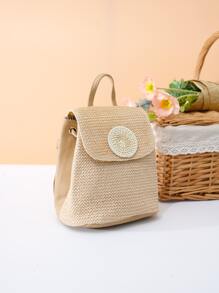 Girls Straw Bag Flower Decor For Beach - Khaki - View 3