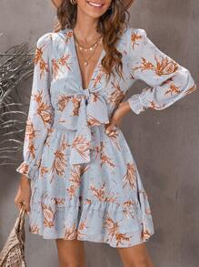 CILKOO Floral Print Knot Front Flounce Sleeve Ruffle Hem Dress - Blue - View 1