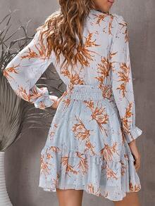 CILKOO Floral Print Knot Front Flounce Sleeve Ruffle Hem Dress - Blue - View 2