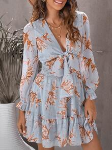 CILKOO Floral Print Knot Front Flounce Sleeve Ruffle Hem Dress - Blue - View 3