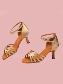 女士金屬質感交叉搭扣裝飾酒杯高跟魅力四射派對緞面踝帶平底涼鞋 - 棕色 - 查看 1