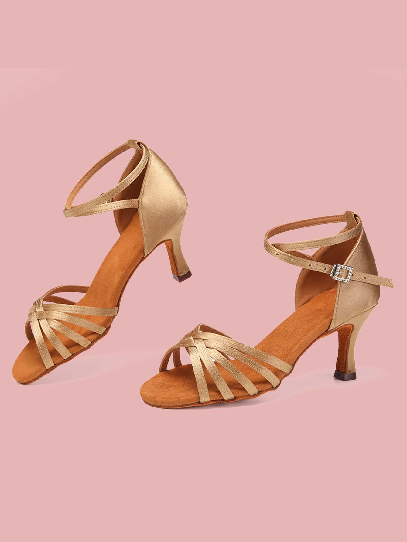 女士金屬質感交叉搭扣裝飾酒杯高跟魅力四射派對緞面踝帶平底涼鞋 - 棕色 - 查看 1