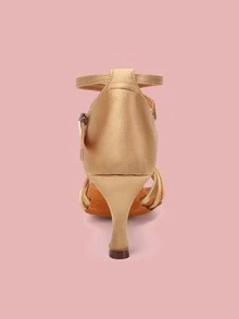 女士金屬質感交叉搭扣裝飾酒杯高跟魅力四射派對緞面踝帶平底涼鞋 - 棕色 - 查看 3